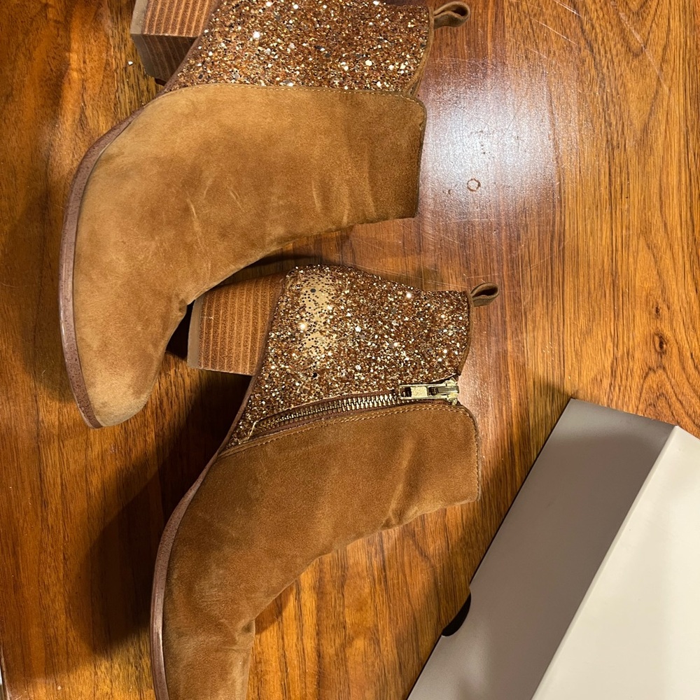 Anthropologie Glitter Heel Tan Ankle Boots - Picture 2 of 5
